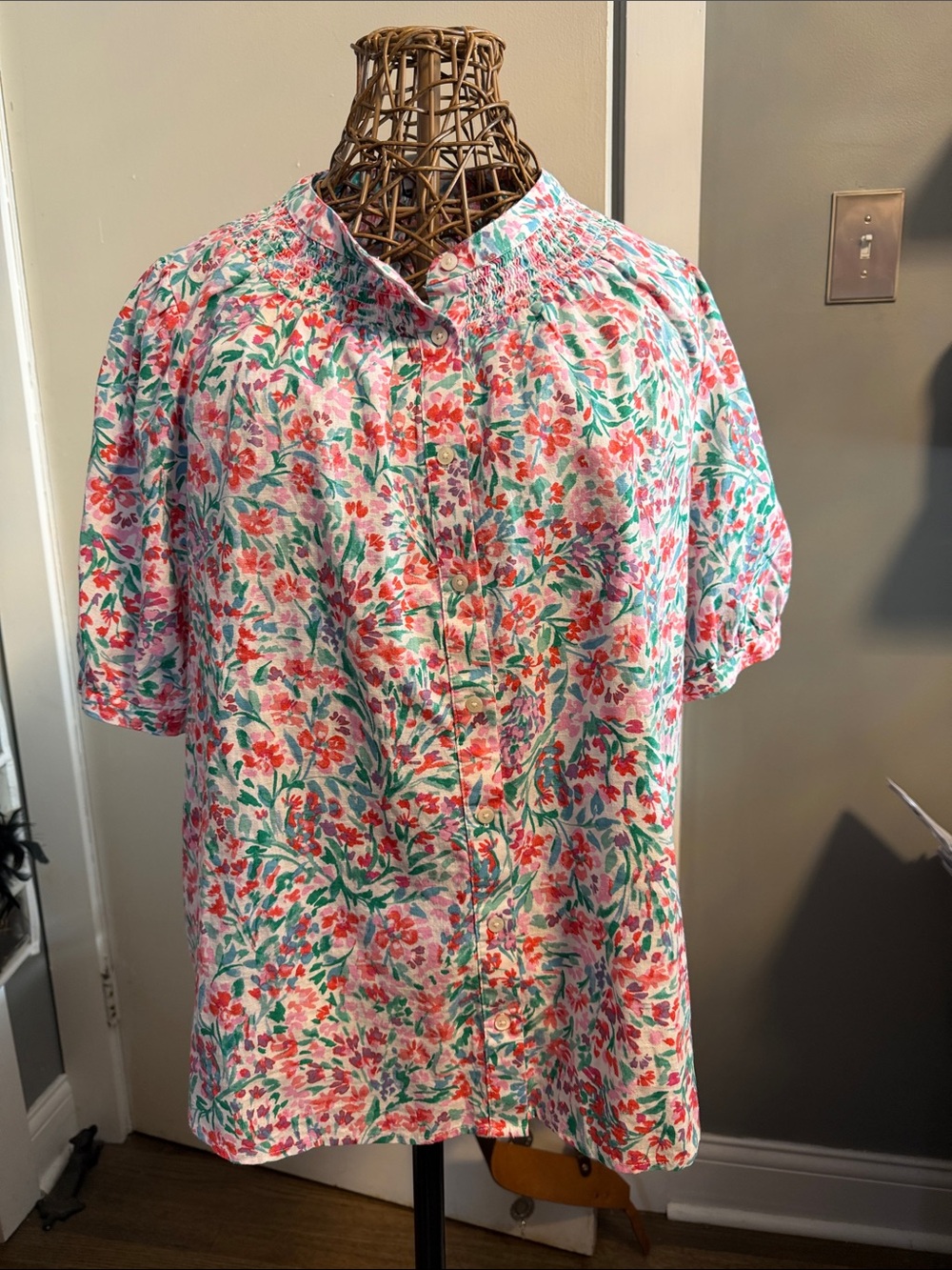 J. Crew Floral Button-Front Short-Sleeve Top in Pink, Green
